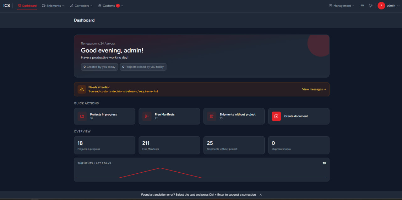 Dashboard with quick actions, counters and a shipments chart