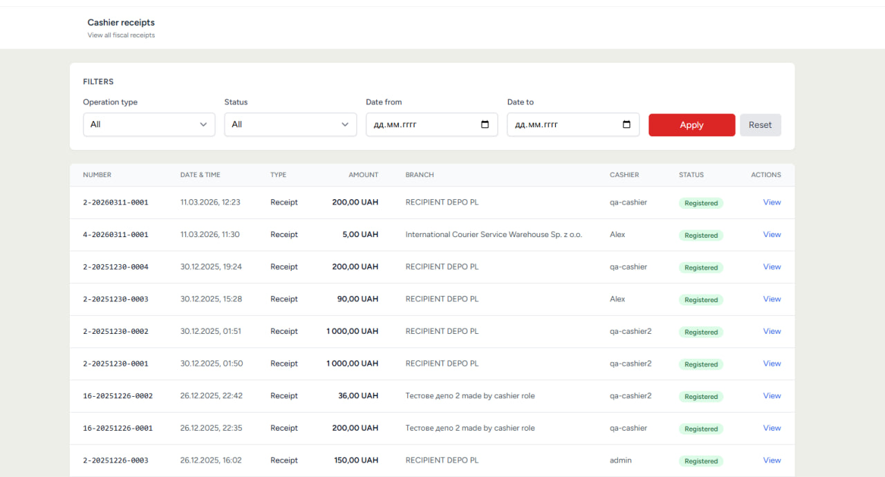 Cashier receipts list with filters by operation type, status and date