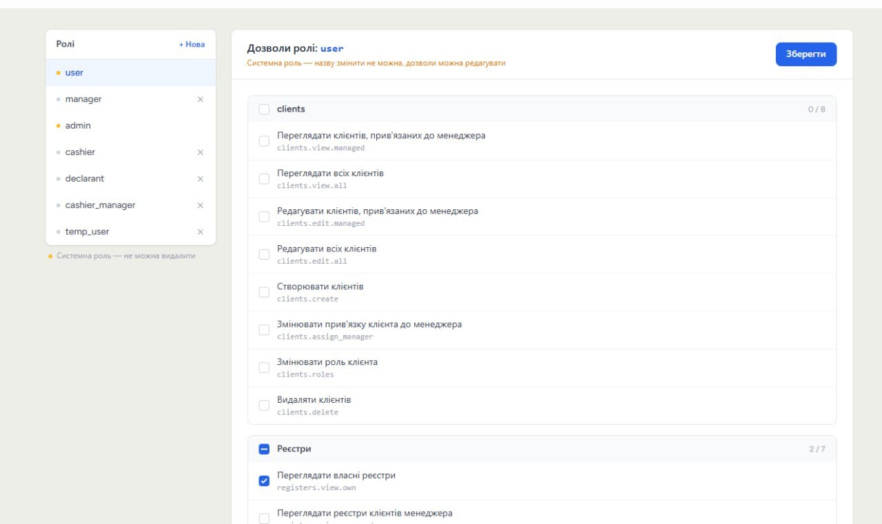 Role editor after the redesign, with roles on the left and grouped permissions on the right