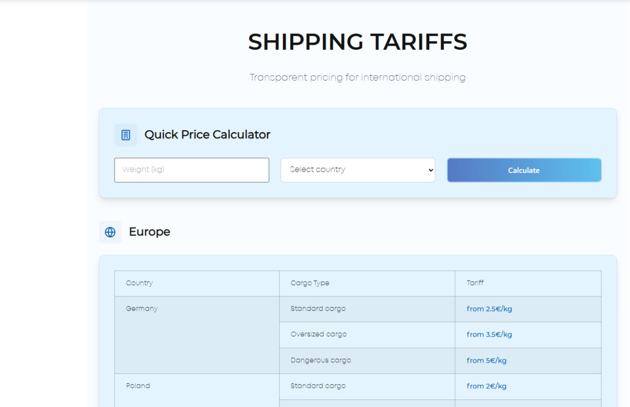 Shipping tariffs page with a price calculator